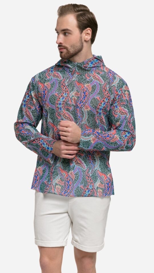 sku: 25003273 | Brand: RoDaSoleil  | Size: Small Medium Large XLarge XXLarge  | Colors: Цветной  | Бренды RoDaSoleil | Мужская коллекция Пляжная одежда | Title: Футболка КРОКОДИЛ МУЛЬТИКОЛОР ПАТТЕРН с капюшоном