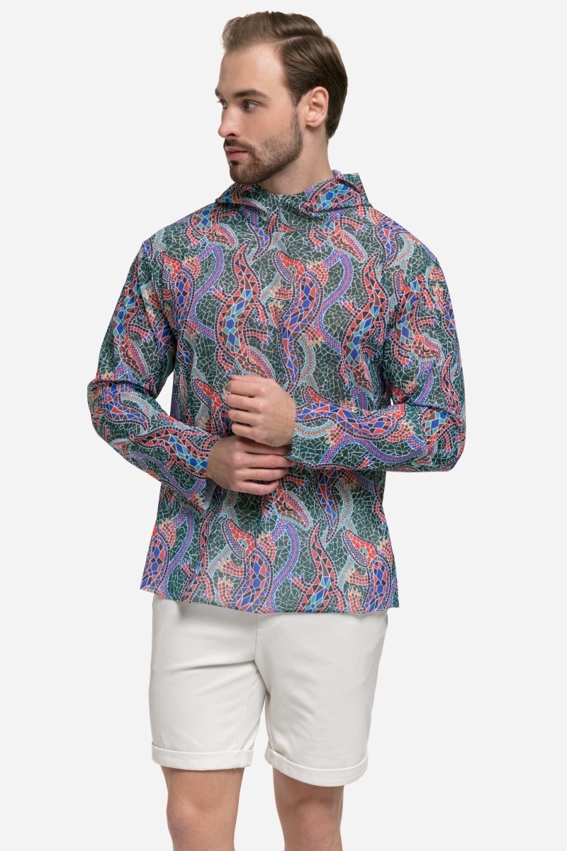 sku: 25003273 | Brand: RoDaSoleil  | Size: Small Medium Large XLarge XXLarge  | Colors: Цветной  | Бренды RoDaSoleil | Мужская коллекция Пляжная одежда | Title: Футболка КРОКОДИЛ МУЛЬТИКОЛОР ПАТТЕРН с капюшоном