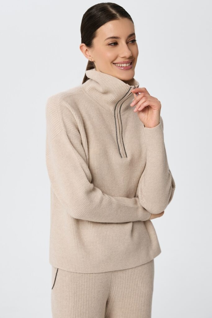 sku: W25-00CH0423 | Brand: Marc Andre  | Size: 36 38 40 42 44 46  | Colors: Бежевый  | Бренды Marc&Andre | Кашемир Джемперы | Title: Свитер с воротником на молнии QUITE MOTION