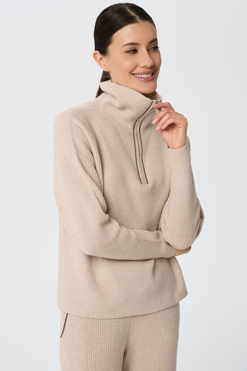 sku: W25-00CH0423 | Brand: Marc Andre | Size: 36 38 40 42 44 46 | Colors: Бежевый | Бренды Marc&Andre | Кашемир Джемперы | Title: Свитер с воротником на молнии QUITE MOTION