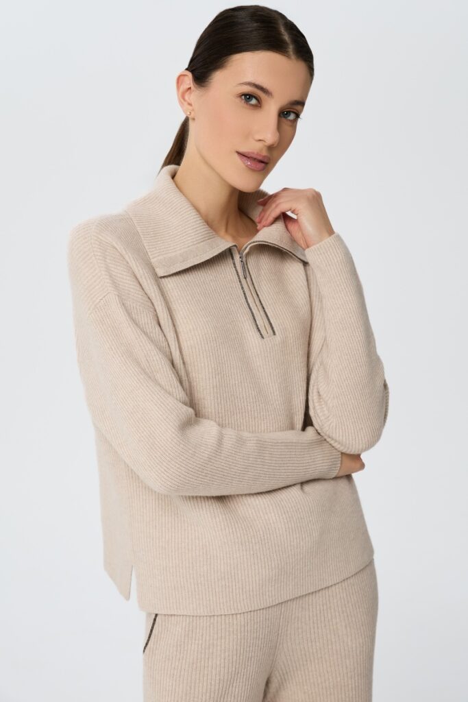 sku: W25-00CH0423 | Brand: Marc Andre  | Size: 36 38 40 42 44 46  | Colors: Бежевый  | Бренды Marc&Andre | Кашемир Джемперы | Title: Свитер с воротником на молнии QUITE MOTION