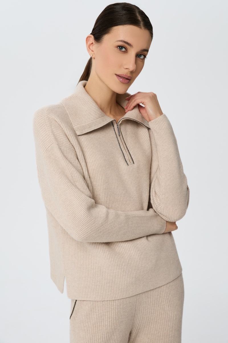 sku: W25-00CH0423 | Brand: Marc Andre | Size: 36 38 40 42 44 46 | Colors: Бежевый | Бренды Marc&Andre | Кашемир Джемперы | Title: Свитер с воротником на молнии QUITE MOTION