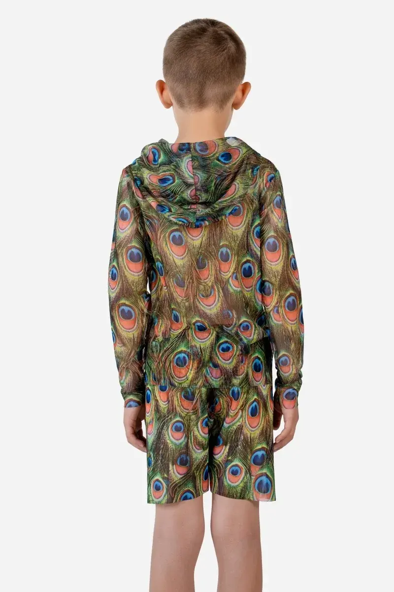 sku: 26002534 | Brand: RoDaSoleil | Size: 104 110 116 122 128 134 140 146 152 158 | Colors: Цветной | Бренды RoDaSoleil | Детские купальники | Title: Футболка ПАВЛИН МАЮРА с капюшоном