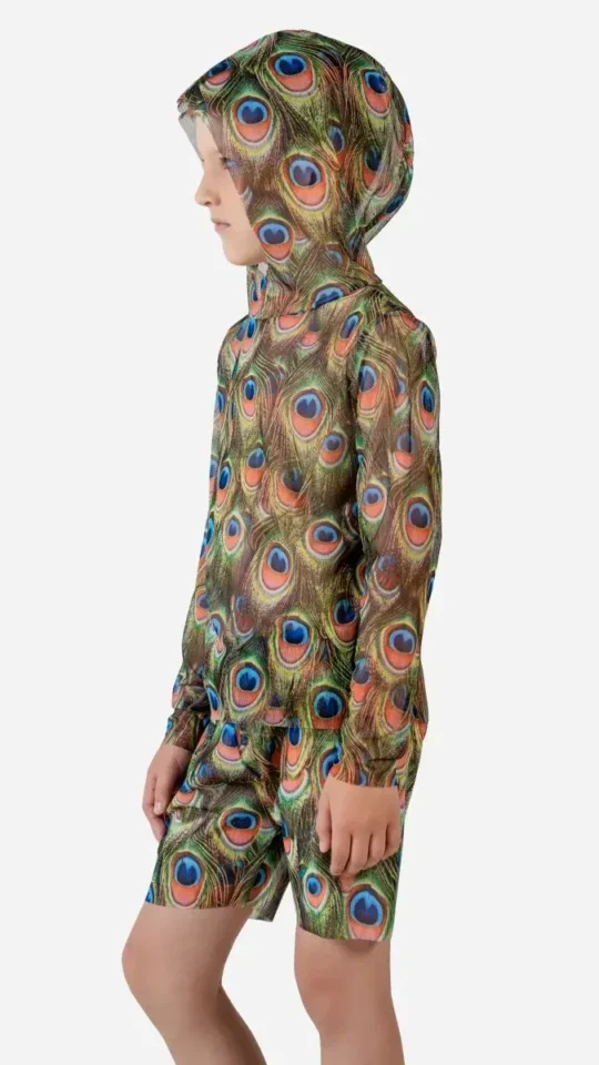 sku: 26002534 | Brand: RoDaSoleil  | Size: 104 110 116 122 128 134 140 146 152 158  | Colors: Цветной  | Бренды RoDaSoleil | Детские купальники | Title: Футболка  ПАВЛИН МАЮРА с капюшоном