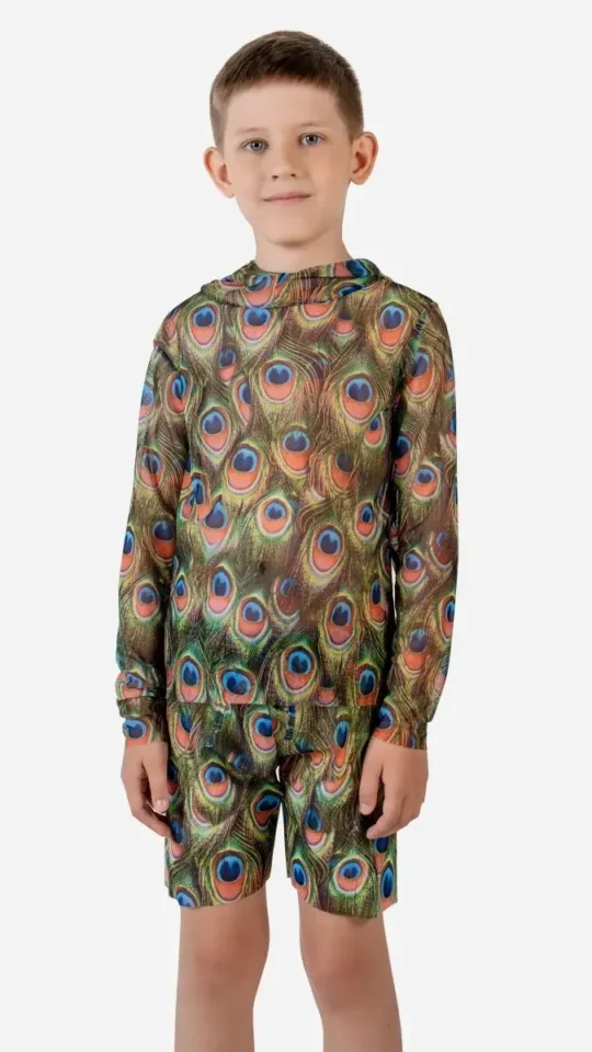 sku: 26002534 | Brand: RoDaSoleil  | Size: 104 110 116 122 128 134 140 146 152 158  | Colors: Цветной  | Бренды RoDaSoleil | Детские купальники | Title: Футболка  ПАВЛИН МАЮРА с капюшоном