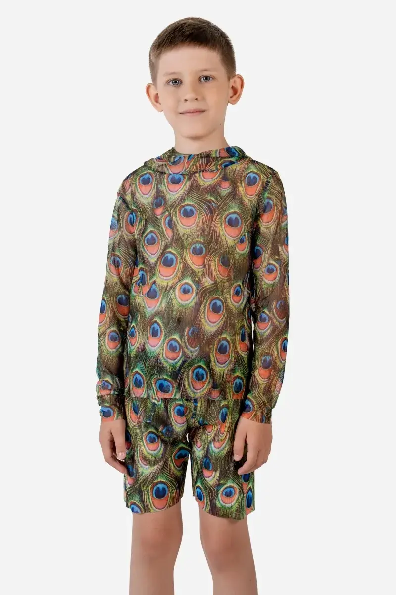 sku: 26002534 | Brand: RoDaSoleil | Size: 104 110 116 122 128 134 140 146 152 158 | Colors: Цветной | Бренды RoDaSoleil | Детские купальники | Title: Футболка ПАВЛИН МАЮРА с капюшоном