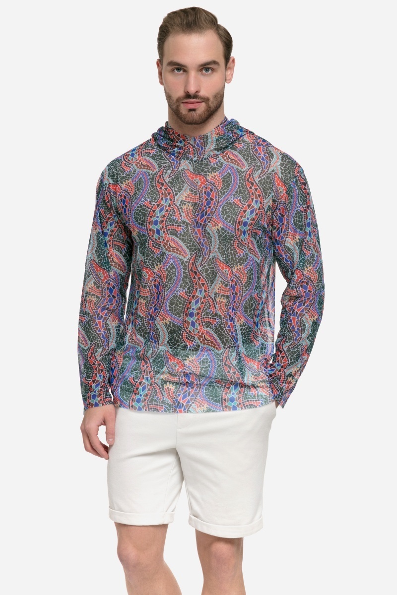 sku: 25003273 | Brand: RoDaSoleil  | Size: Small Medium Large XLarge XXLarge  | Colors: Цветной  | Бренды RoDaSoleil | Мужская коллекция Пляжная одежда | Title: Футболка КРОКОДИЛ МУЛЬТИКОЛОР ПАТТЕРН с капюшоном