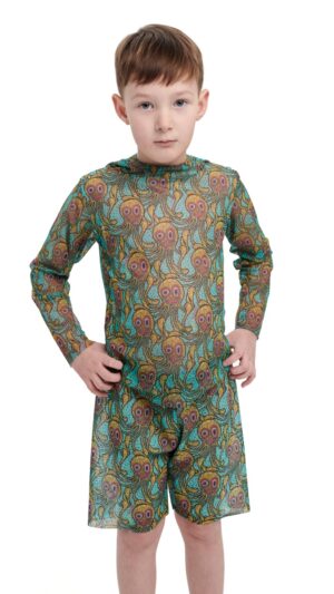 sku: 24002561 | Brand: Roda Soleil  | Size: 104 110 116 122 128 134 140 146 152 158  | Colors: Цветной  | Бренды RoDa Soleil | Детские купальники | Title: Футболка ОСЬМИНОЖКИ с капюшоном